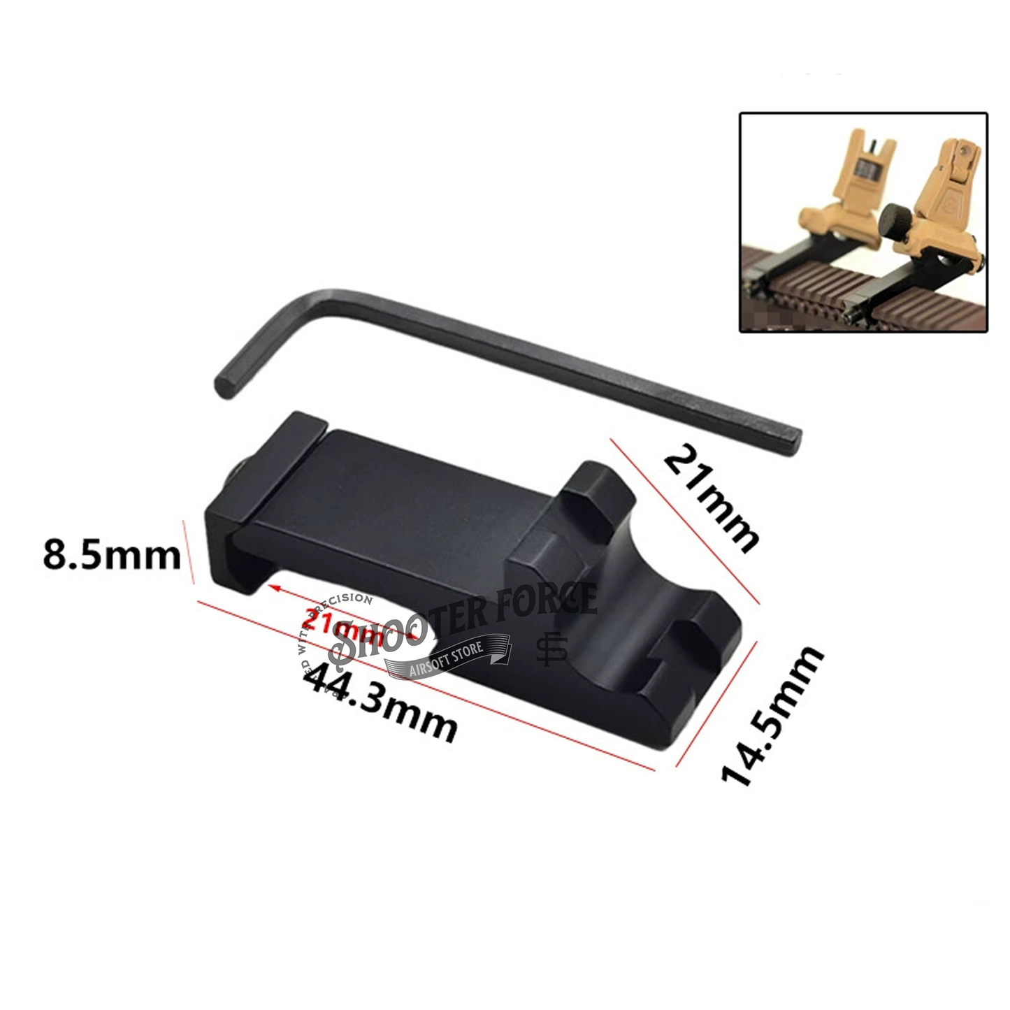 Mini Flashlight Side Mount with 45-degree offset design, made of black aluminum alloy, designed for DD/PRO/KAC iron sights, compatible with 20mm Picatinny rail systems.