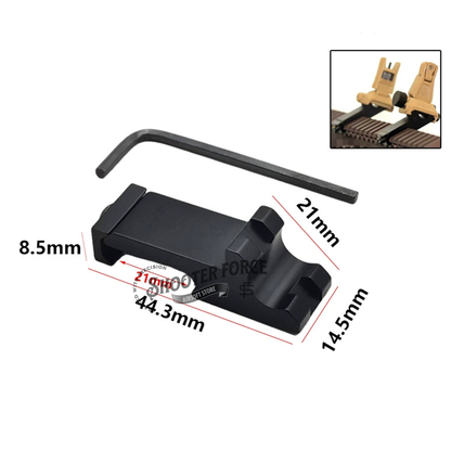Mini Flashlight Side Mount with 45-degree offset design, made of black aluminum alloy, designed for DD/PRO/KAC iron sights, compatible with 20mm Picatinny rail systems.