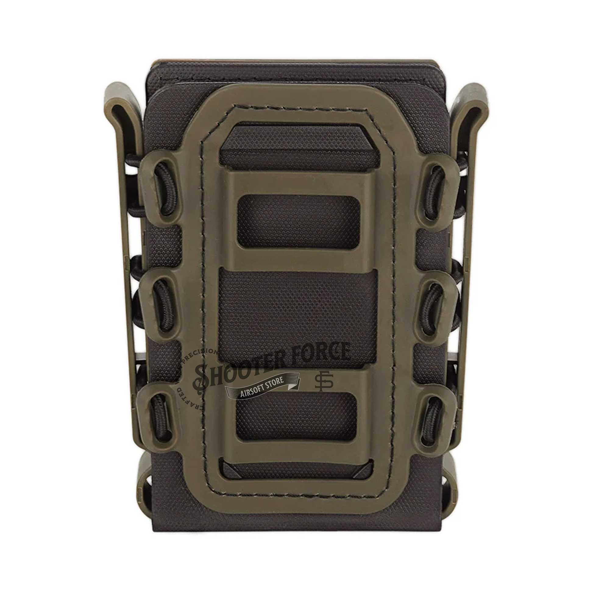 Quick Pull Tactical Scorpion Softshell Mag Pouch in black and tan with a MOLLE clip system, designed for fast and secure magazine storage and access in airsoft scenarios.