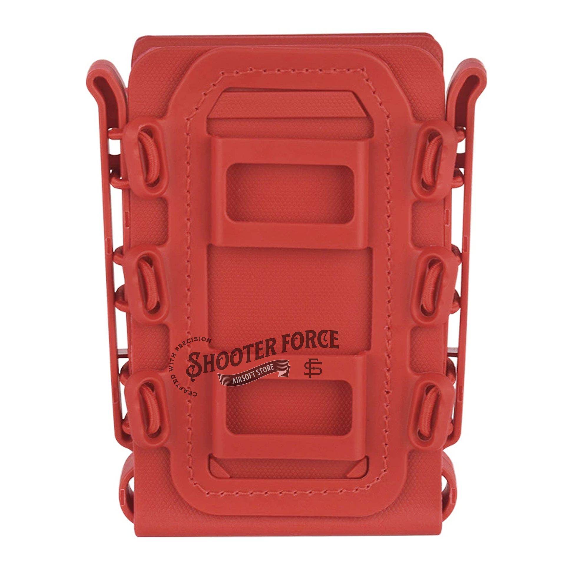 Quick Pull Tactical Scorpion Softshell Mag Pouch in red with a MOLLE clip system, designed for secure and fast magazine access in airsoft setups.