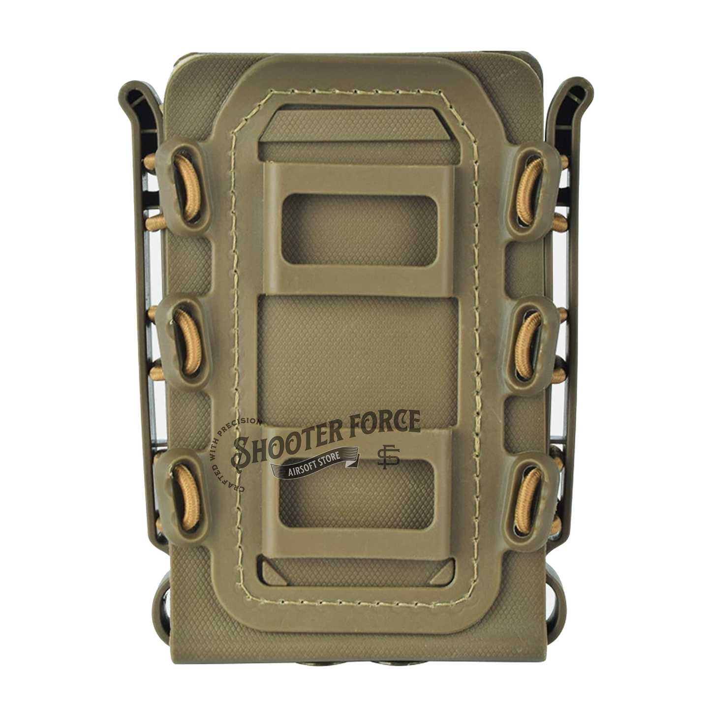 Quick Pull Tactical Scorpion Softshell Mag Pouch in tan with a MOLLE clip system, designed for secure and quick magazine access in airsoft gear setups.