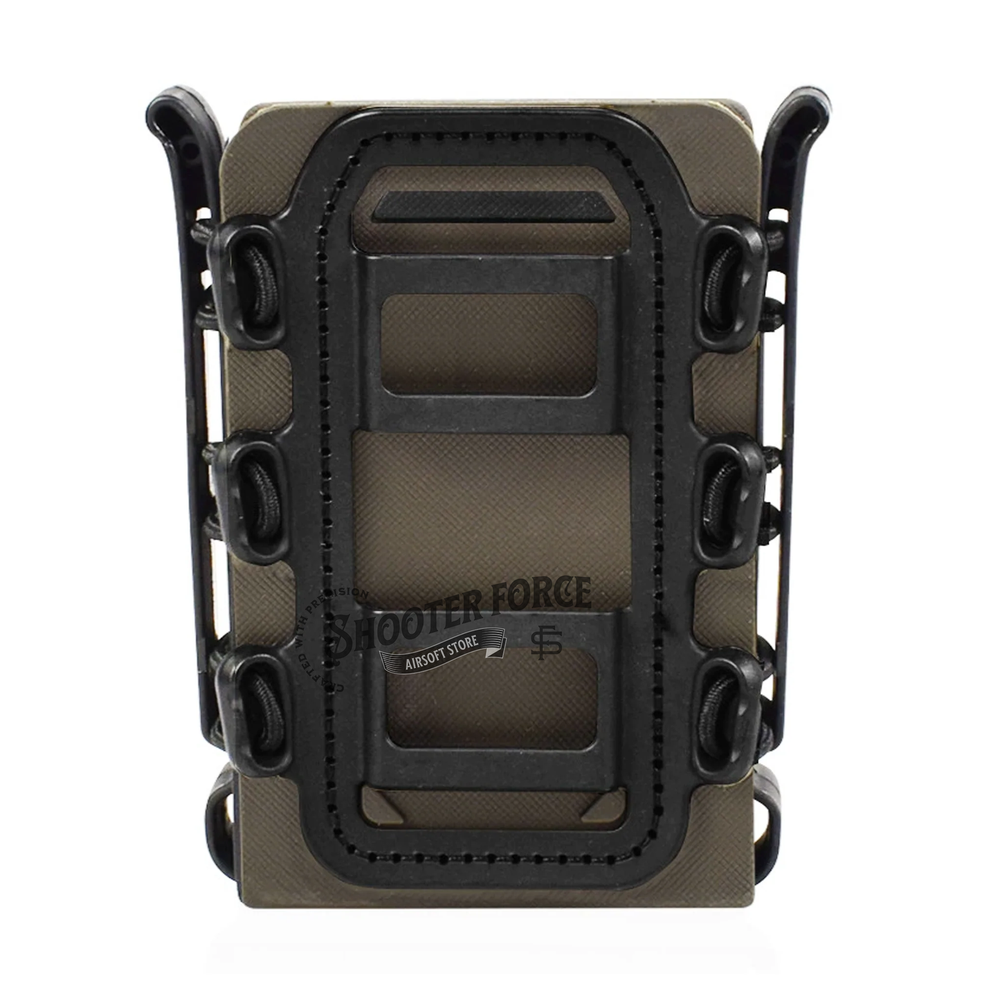 Quick Pull Tactical Scorpion Softshell Mag Pouch in tan and black with MOLLE clip system, designed for secure and fast magazine storage in airsoft setups.