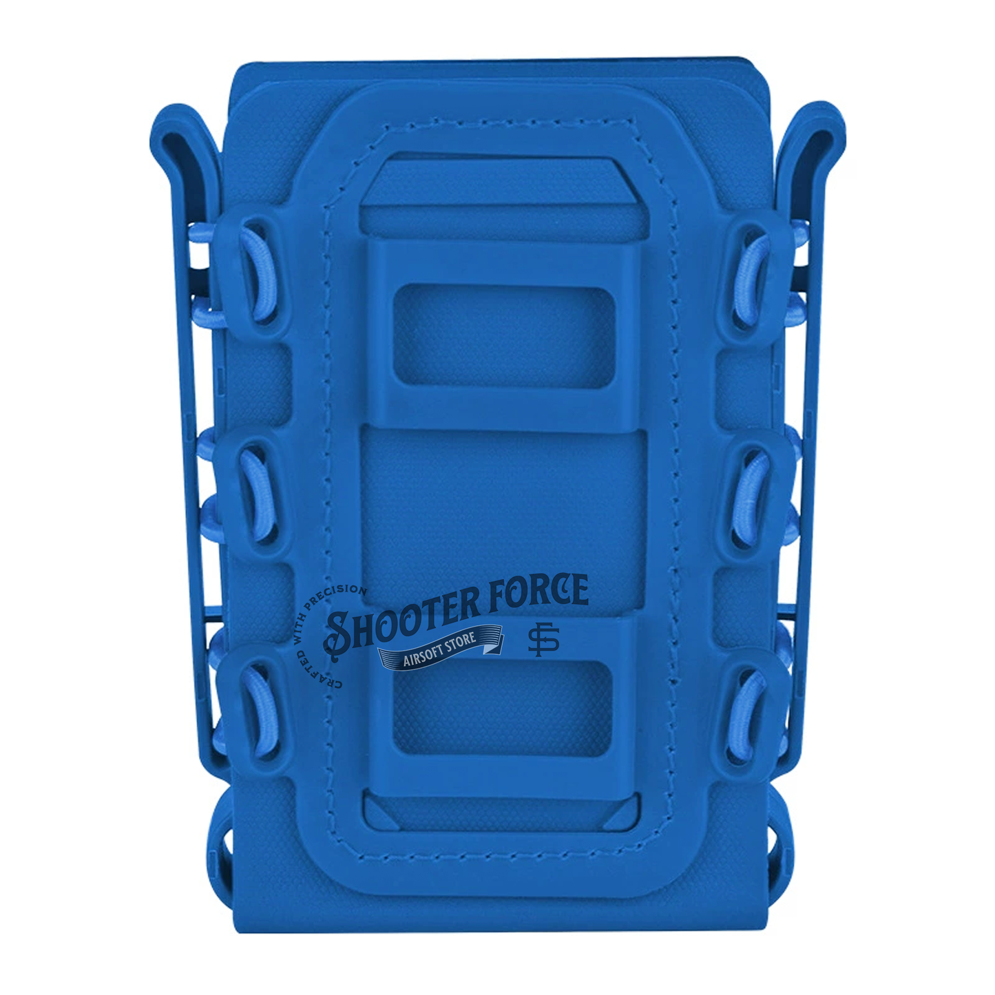 Quick Pull Tactical Scorpion Softshell Mag Pouch in blue with a MOLLE clip system, designed for fast, secure magazine access in airsoft gear configurations.