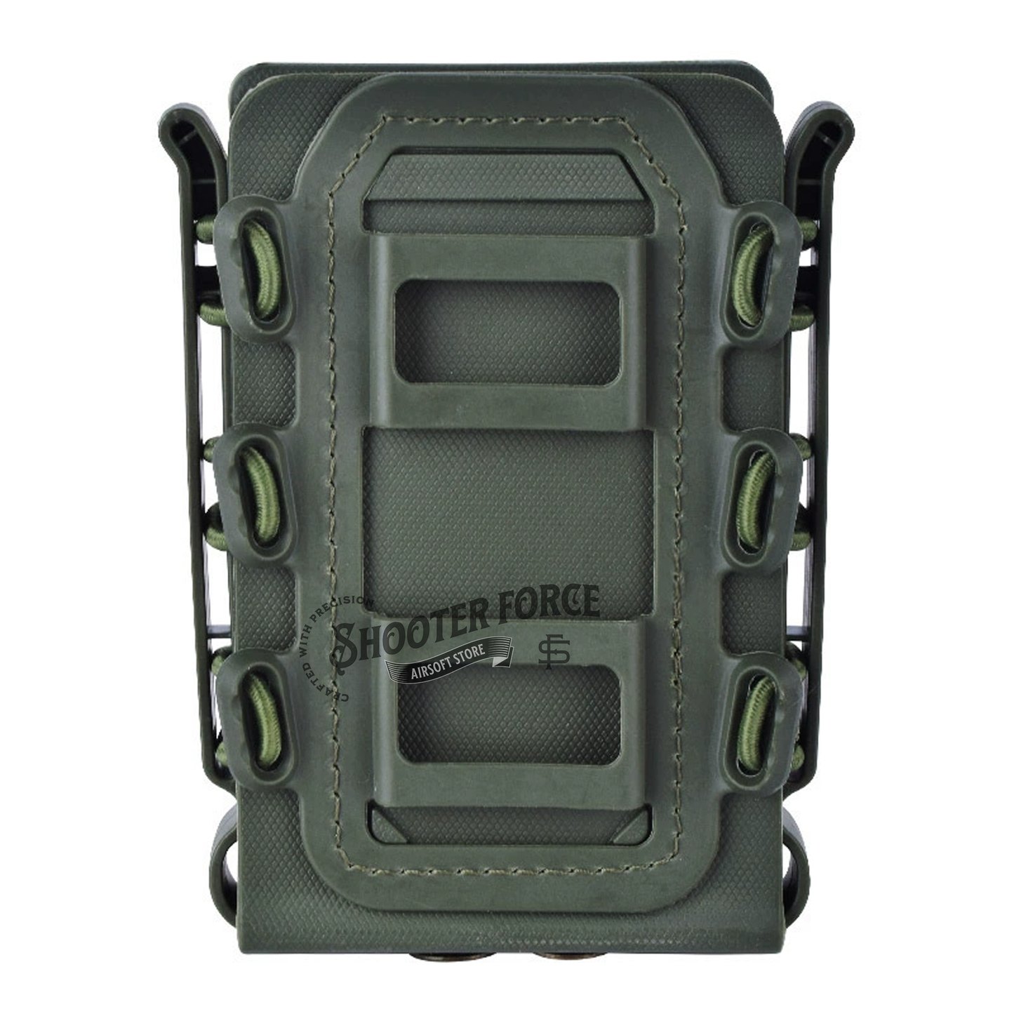 Quick Pull Tactical Scorpion Softshell Mag Pouch in green with a MOLLE clip system, designed for fast, secure magazine access in airsoft setups.