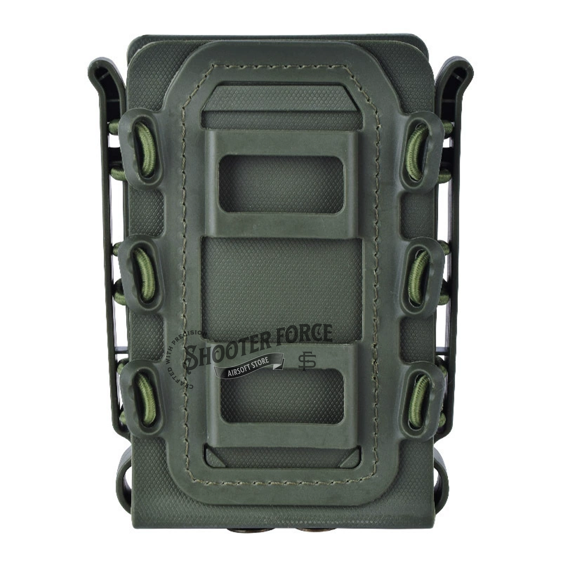 Quick Pull Tactical Scorpion Softshell Mag Pouch in green with a MOLLE clip system, designed for fast, secure magazine access in airsoft setups.
