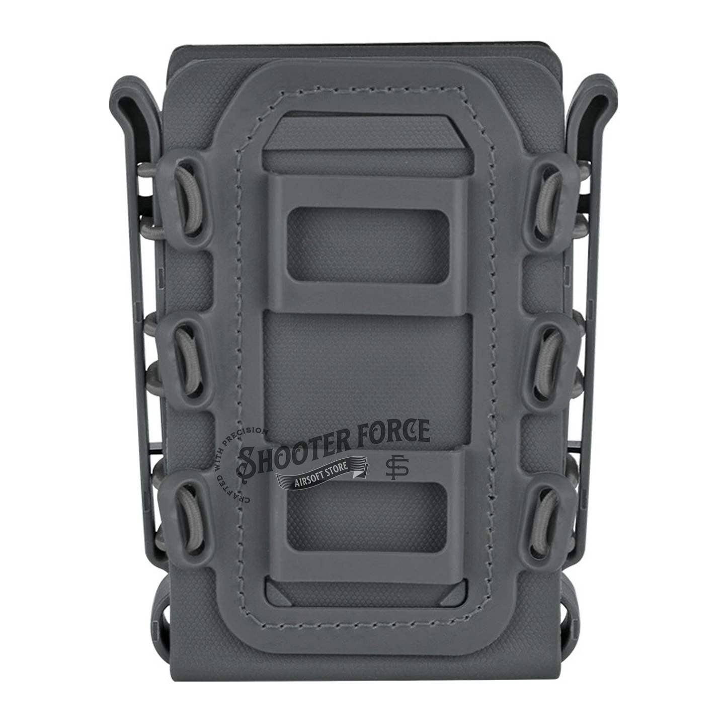 Quick Pull Tactical Scorpion Softshell Mag Pouch in grey with a MOLLE clip system, designed for quick and secure magazine storage and access in airsoft setups.