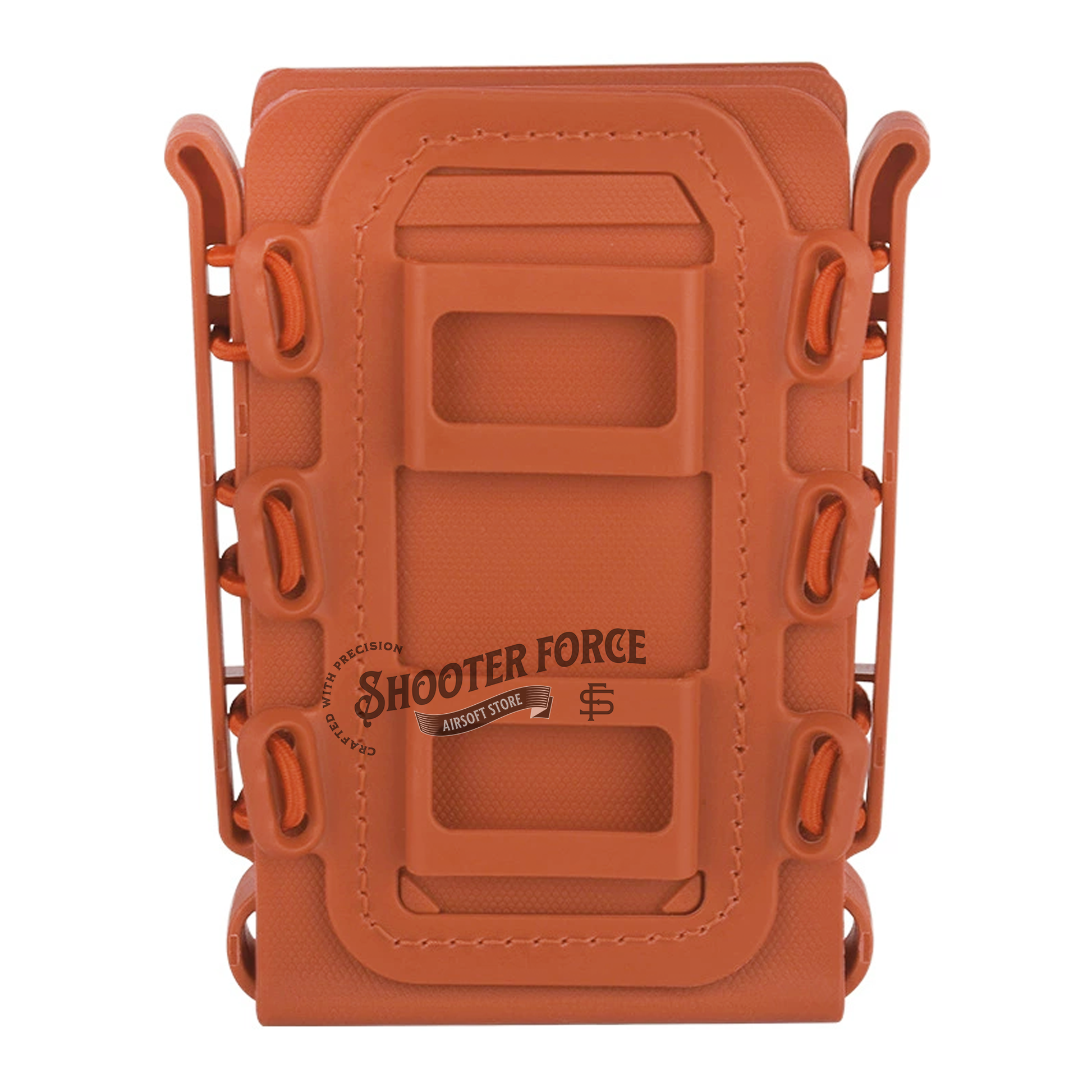 Quick Pull Tactical Scorpion Softshell Mag Pouch in orange with a MOLLE clip system, designed for quick access and secure magazine storage in airsoft gear setups.