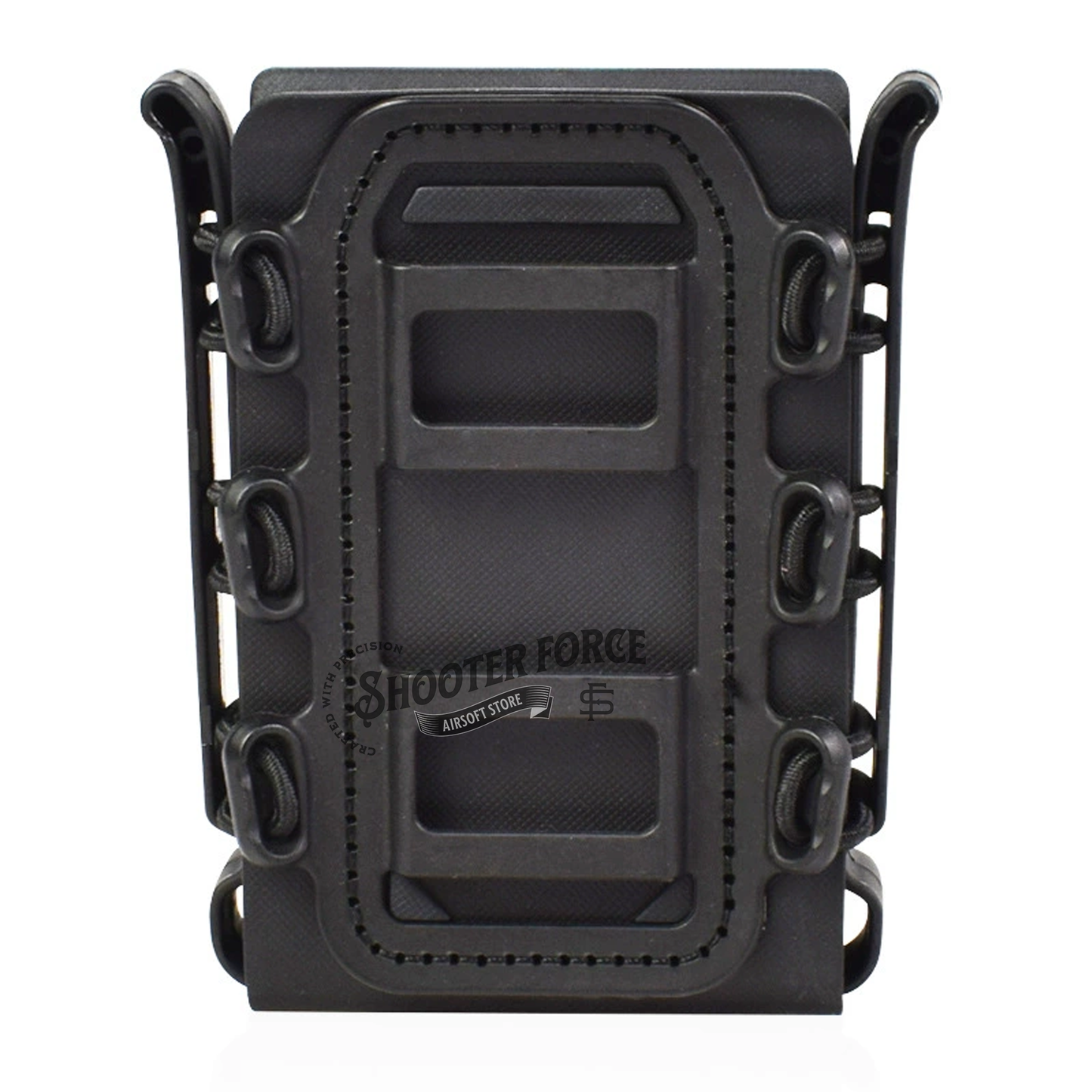 Quick Pull Tactical Scorpion Softshell Mag Pouch in black with a MOLLE clip system, providing fast and secure magazine access in airsoft setups.
