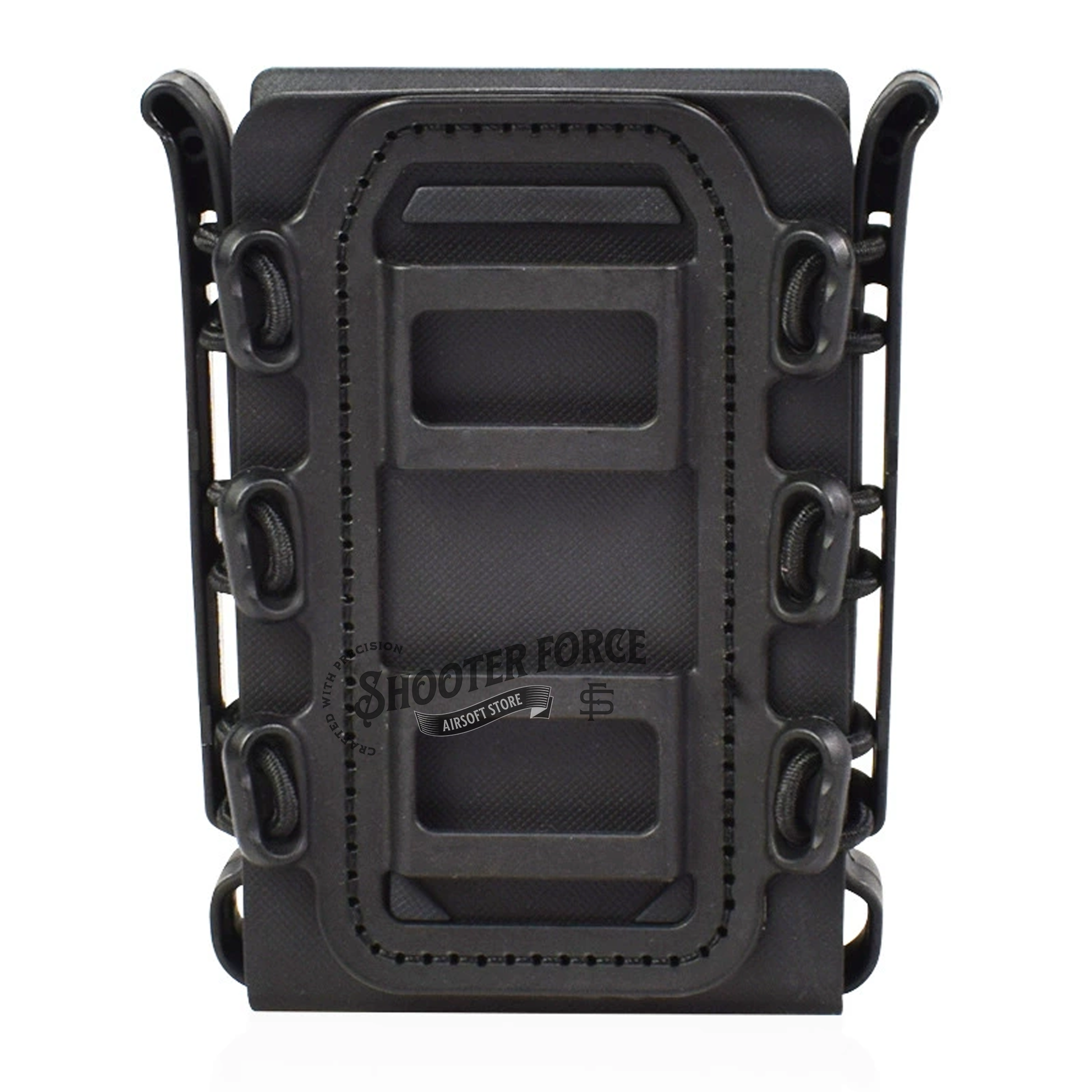 Quick Pull Tactical Scorpion Softshell Mag Pouch in black with a MOLLE clip system, providing fast and secure magazine access in airsoft setups.
