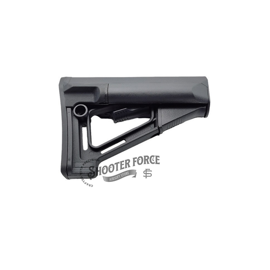 STR Style Carbine Stock in Black, designed for airsoft guns, providing optimal stability and comfort for better performance.