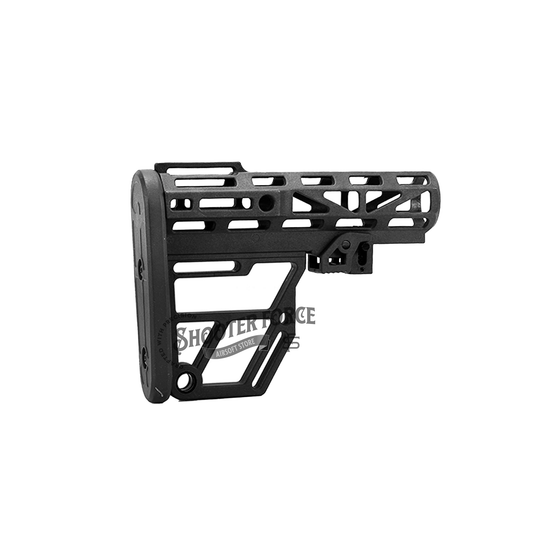 Super Lightweight Skeletonized Aluminum Mil-Spec Buttstock for airsoft rifles, featuring M-LOK slots and QD sling mounts – available at ShooterForce.