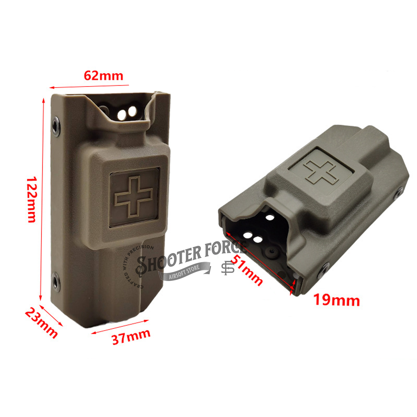 A MOLLE-compatible storage pouch designed for quick access to CAT tourniquets. Ideal for tactical setups, this black pouch provides efficient emergency medical gear storage. Perfect for airsoft, military simulations, and first responders