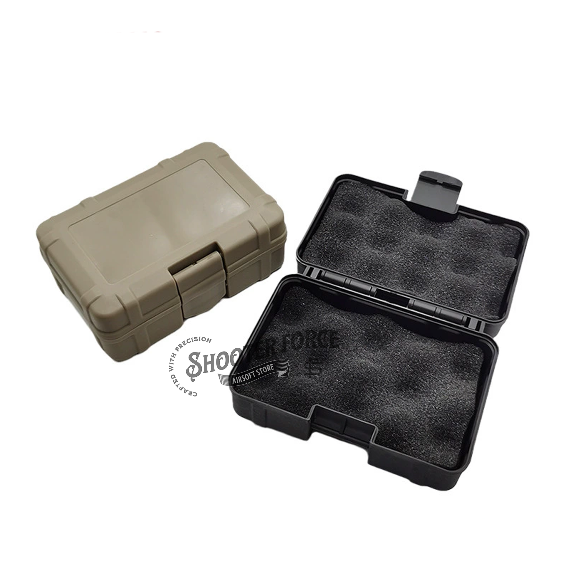 Tactical EDC Storage Box in tan with a plastic sealed design and sponge cushion, offering secure storage and protection for airsoft gear and accessories.