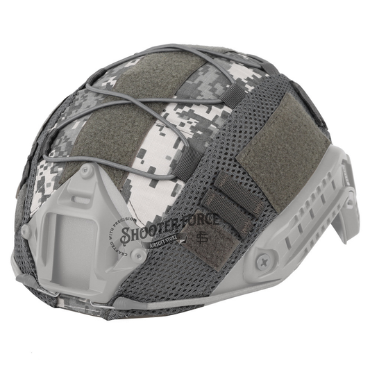 Tactical Helmet Camo Cover in ACU Camo, designed for fast helmets, providing camouflage and protection for airsoft players in tactical environments.