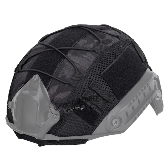 Tactical Helmet Camo Cover in Black Python Camo, made to fit fast helmets, providing distinctive camouflage and protection for airsoft players in the field.