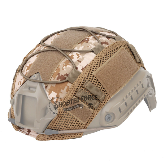 Tactical Helmet Camo Cover in Desert Digital Camo, designed for fast helmets, offering effective camouflage and protection for airsoft players in tactical or desert scenarios