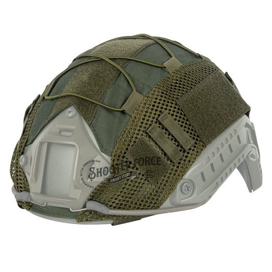 Tactical Helmet Camo Cover in green, designed for fast helmets, providing camouflage and protection for airsoft players in tactical situations.
