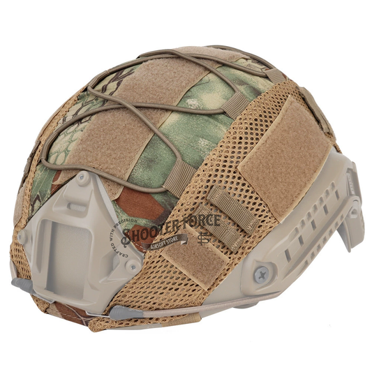 Tactical Helmet Camo Cover in Jungle Python Camo, designed for fast helmets, offering camouflage and protection for airsoft players in jungle and tactical scenarios.