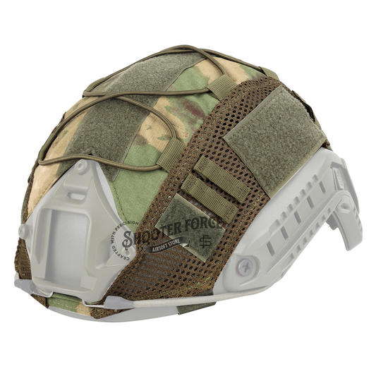 Tactical Helmet Camo Cover in Green Camo, designed for fast helmets (helmet not included), providing effective camouflage and protection for airsoft players in tactical environments.