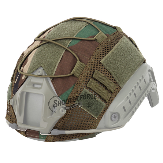 Tactical Helmet Camo Cover in Jungle Camo, designed for fast helmets, providing effective camouflage and protection for airsoft players in jungle and tactical environments.