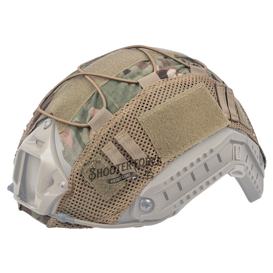 One-size tactical helmet cover in a FDE camouflage pattern, constructed with high-quality 500D Nylon for durability, shown without a helmet. FDE Camo-patterned 500D Nylon helmet cover for FAST helmets, designed for outdoor and tactical applications. Side View