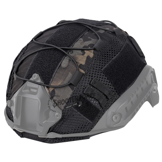 One-size tactical helmet cover in a Black camouflage pattern, constructed with high-quality 500D Nylon for durability, shown without a helmet. Black Camo-patterned 500D Nylon helmet cover for FAST helmets, designed for outdoor and tactical applications. Side View