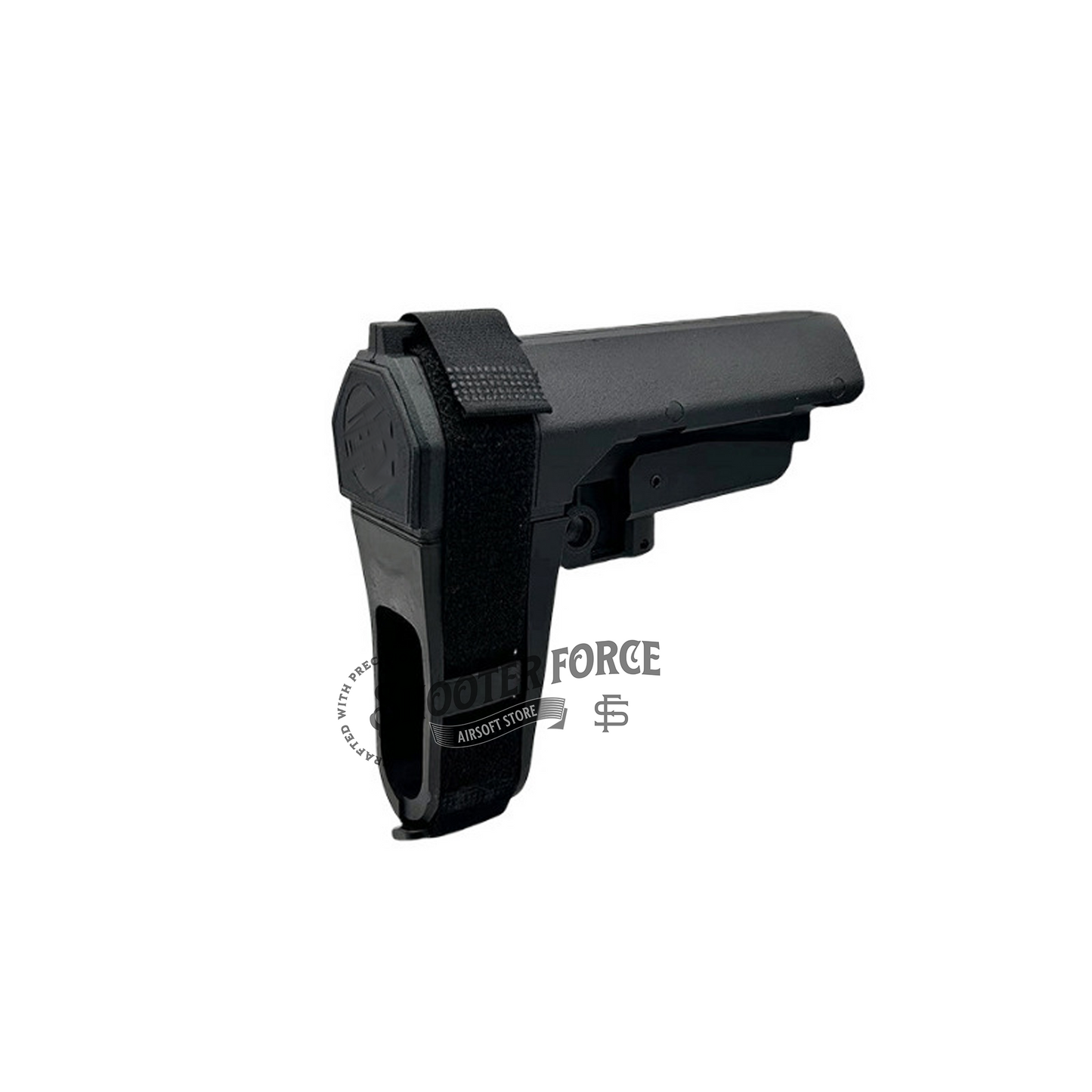 Tactical PDW Pistol Brace Butt Stock in SBA3-style (black), designed for enhanced stability and control in airsoft pistols with a compact, adjustable design.
