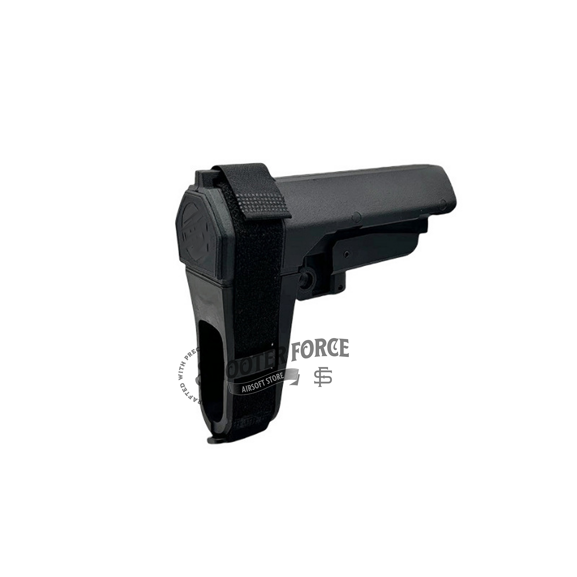 Tactical PDW Pistol Brace Butt Stock in SBA3-style (black), designed for enhanced stability and control in airsoft pistols with a compact, adjustable design.