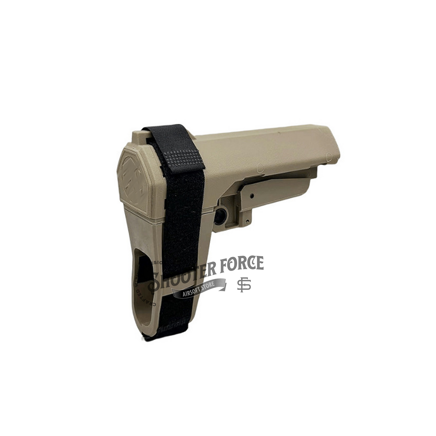 Tactical PDW Pistol Brace Butt Stock in SBA3-style (tan), providing improved stability and control in airsoft pistols with a compact, adjustable design.