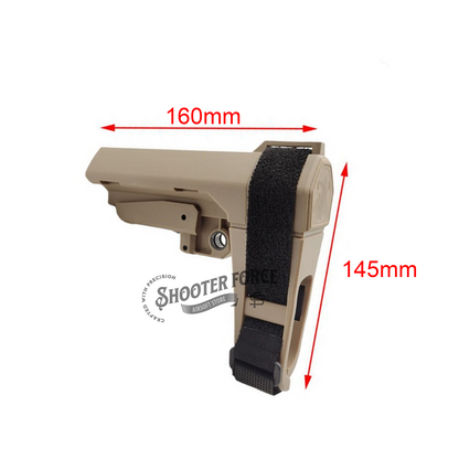 Tactical PDW Pistol Brace Butt Stock in SBA3-style (tan), providing improved stability and control in airsoft pistols with a compact, adjustable design.
