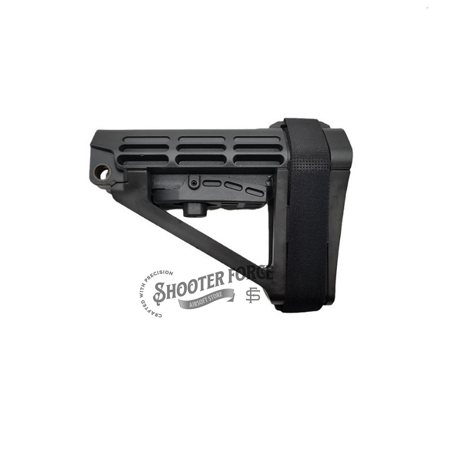 Tactical PDW Pistol Brace Butt Stock in SBA4 style (black), designed for improved stability and control in airsoft pistols with a compact, adjustable design.