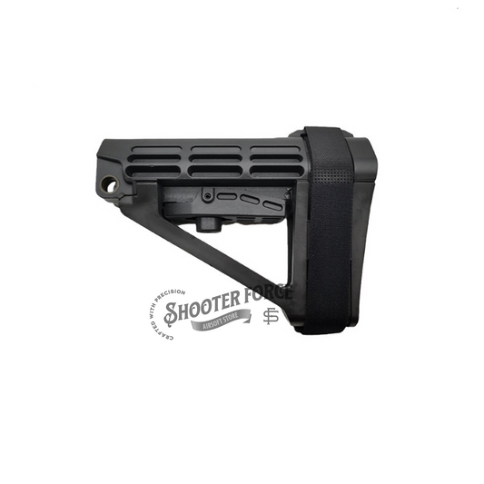 Tactical PDW Pistol Brace Butt Stock in SBA4 style (black), designed for improved stability and control in airsoft pistols with a compact, adjustable design.
