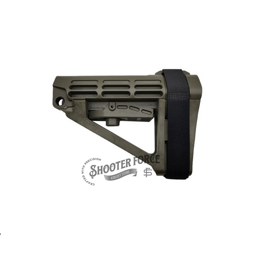 Tactical PDW Pistol Brace Butt Stock in SBA4 style (green), providing improved stability and control in airsoft pistols with a compact, adjustable design.