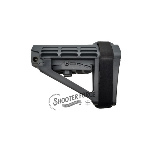 Tactical PDW Pistol Brace Butt Stock in SBA4 style (grey), designed for improved stability and control in airsoft pistols with a compact, adjustable design.
