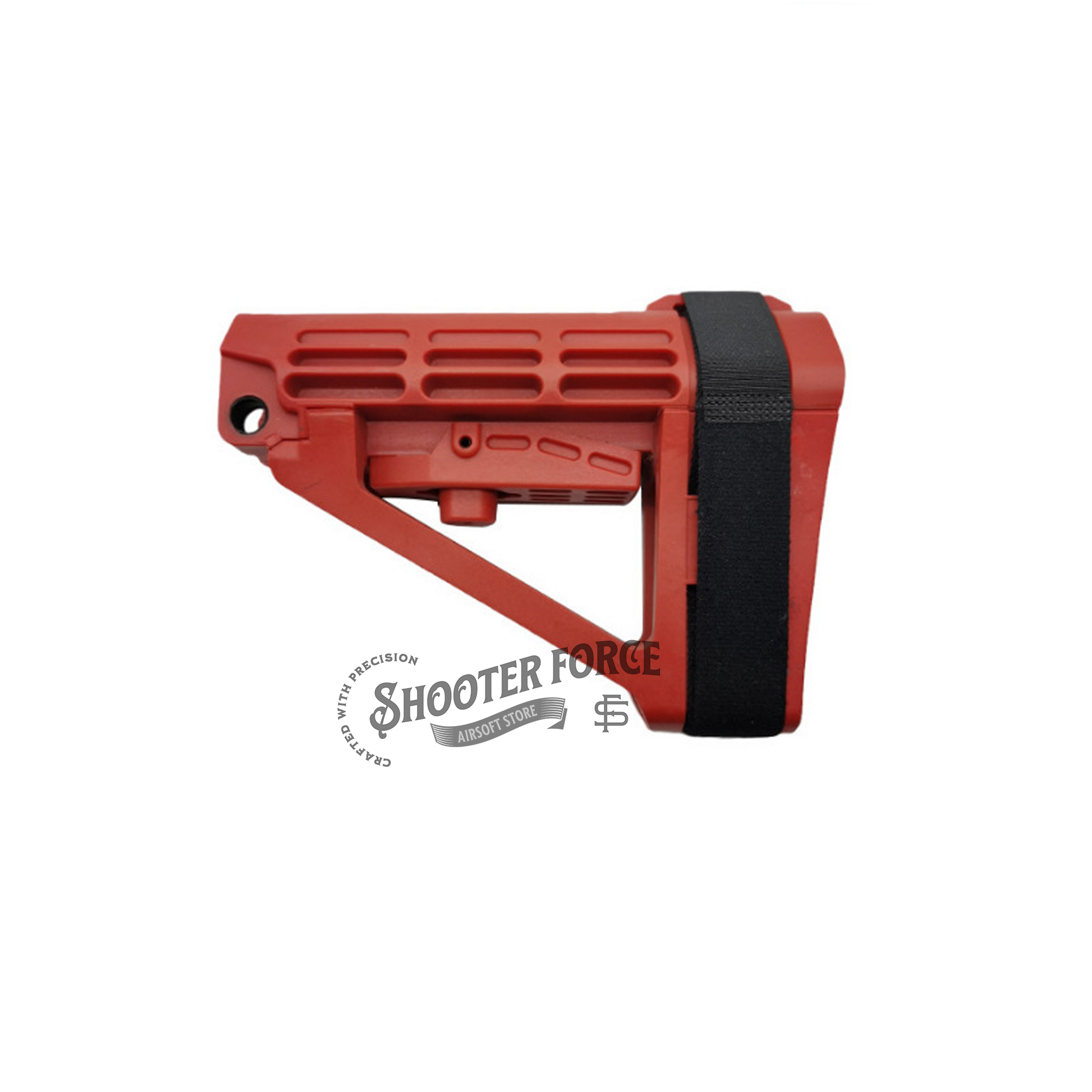Tactical PDW Pistol Brace Butt Stock in SBA4 style (red), providing an adjustable and compact design for improved stability and control in airsoft pistols.