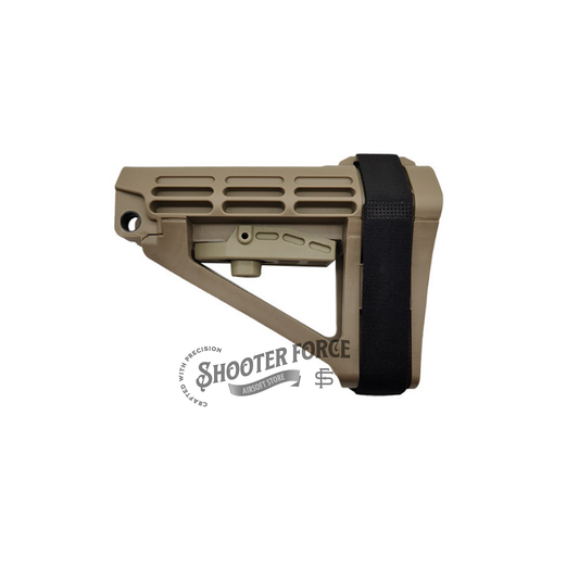 Tactical PDW Pistol Brace Butt Stock in SBA4 style (tan), designed for increased stability and control in airsoft pistols with an adjustable, compact design.